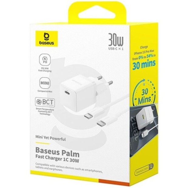 СЗУ-адаптер Baseus Palm 30W PD (1Type-C) + кабель Type-C - Type-C (Белый) P10111605213-01